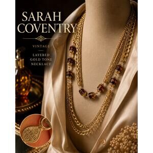 Vintage Sarah Coventry Gold Tone Layered Chain Necklace Amber Brown Beads